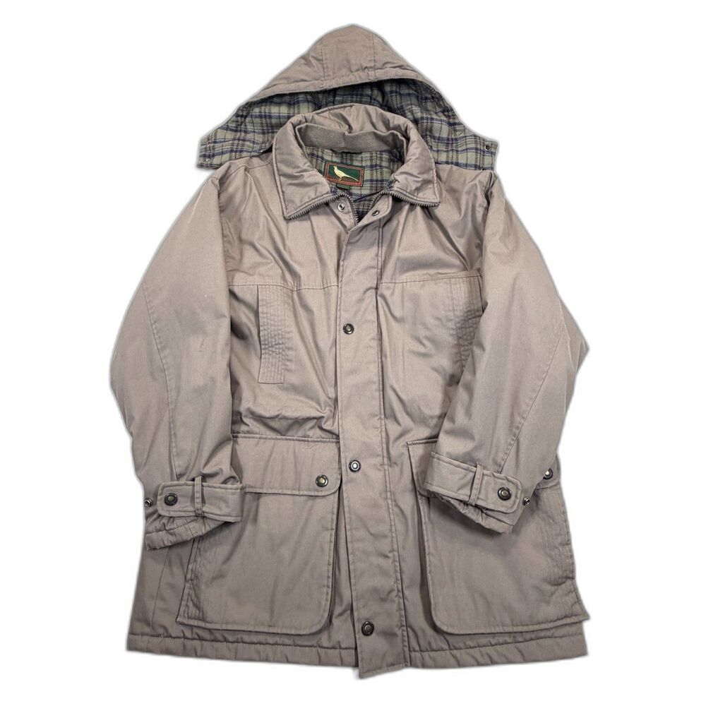 Vintage Field & Stream Hooded Jacket Plaid Lined Tan Hunting Coat L